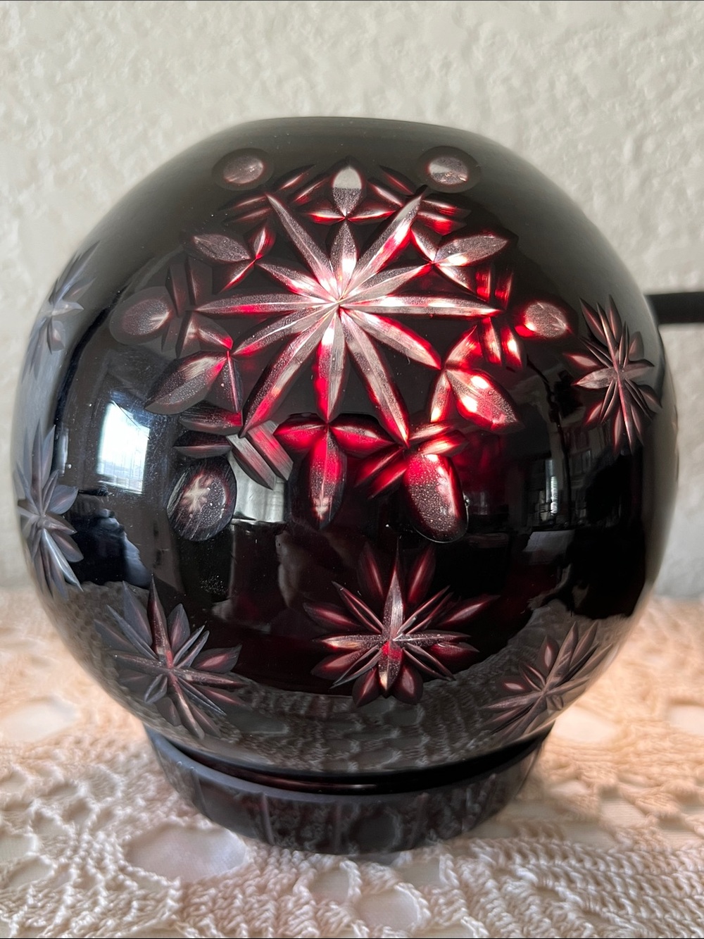 Bohemian Czech Ruby Cut to Clear Crystal Covered Globe Candle Holder 5”